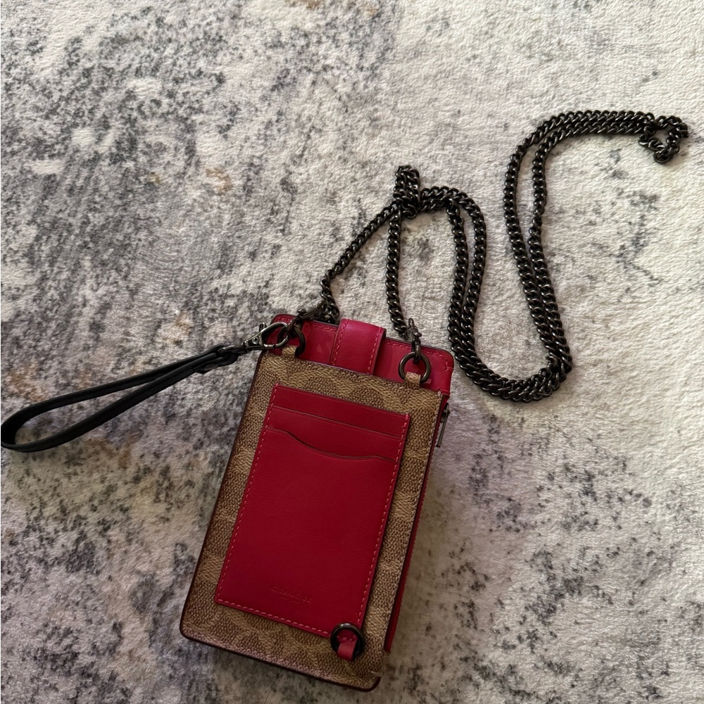 Coach Red and Tan Crossbody Wallet with Chain Strap
